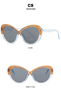 Detail of C9 oval cross glasses frame with orange and transparent blue splicing design