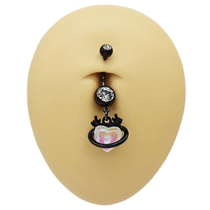 Detail view of heart-shaped iridescent glass belly ring on black plated navel piercing