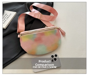 Detail view of macaron gradient chest bag next to a smartphone for size comparison