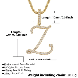 Detailed size chart showing golden letter Z pendant with dimensions 52mm by 30mm