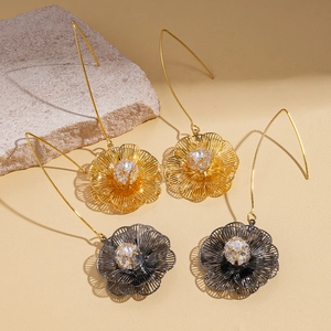 18K gold plated hollow floral drop earrings with sparkling zircon crystals for women