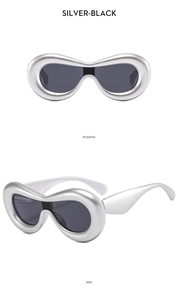 Y2K futuristic silver bubbly thick frame sunglasses shown in front and side views