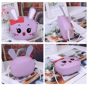 Detailed views of purple rabbit child crossbody bag showing 360-degree angles and texture