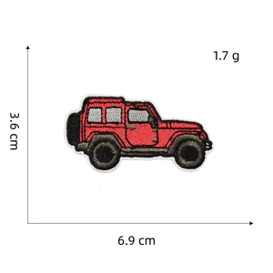Red jeep embroidered patch for clothing with dimensions 3.6cm x 6.9cm on white background