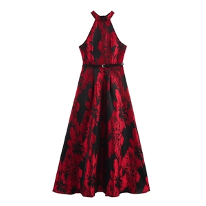 Women Halter Neck Maxi Dress Sleeveless Jacquard Floral Print High Waist A-Line Swing With Belt Elegant Evening