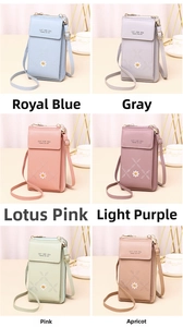 Six color options for a small women's crossbody phone bag featuring cute daisy embroidery