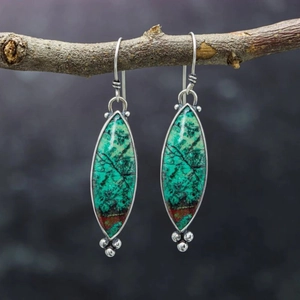 Boucles d'oreilles feuilles en argent avec turquoise verte naturelle au style marquise