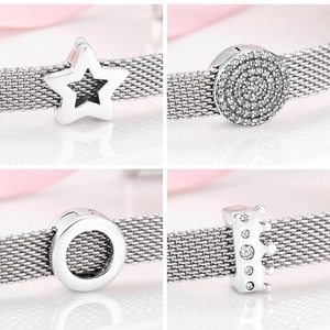 Detailed views of S925 sterling silver charms including star, crown, and pavé round beads