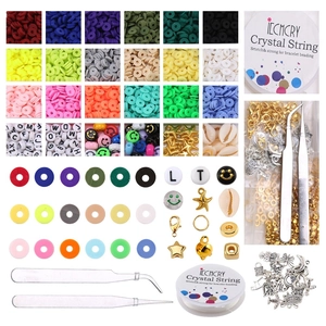 Flat lay of 4000pcs clay beads kit with charms, letter beads, and jewelry DIY tools