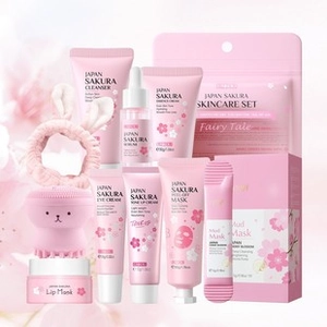Detailed close-up of Japan Sakura Skincare Set with facial cleanser and serum