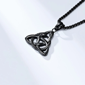 Nordic Viking Triquetra knot with serpent pendant in black stainless steel on bead chain