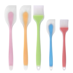 5-piece colorful silicone baking set with spatulas and oil brushes on white background