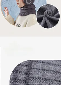 Close-up of thick grey knit beanie and scarf set featuring warm fleece lining for kids