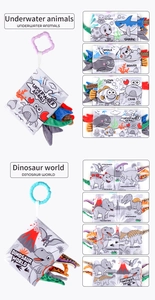 Détail des queues 3D et anneaux sensoriels sur les livres en tissu dinosaures et océans