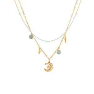 Double-layered gold necklace with blue beads, star and moon pendants on white background