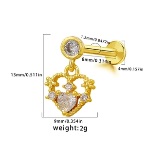 Macro view of gold heart labret piercing with zircon details and size measurements