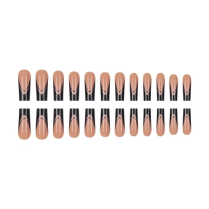 French tip coffin press-on nails with black double arc design on nude base 24pcs set