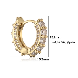 Gold-plated hoop earrings with cubic zirconia and dimension labels of 15.2mm and 3.8g