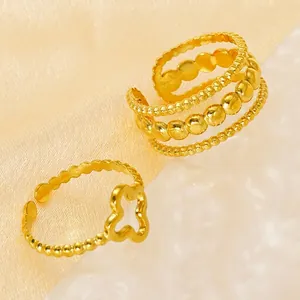 18k gold plated stainless steel layered ring and hollow clover open ring set