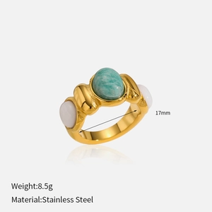 Detailed specs of gold ring with green stone, showing 17mm inner diameter and 8.5g weight