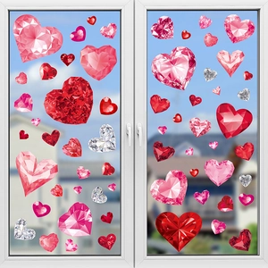3D diamond cut ruby heart static window clings for home holiday glass decoration