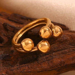 Double Layer Open Ring 18K Gold Plated 316L Stainless Steel Adjustable Round Beads Geometric Niche Jewelry For Women