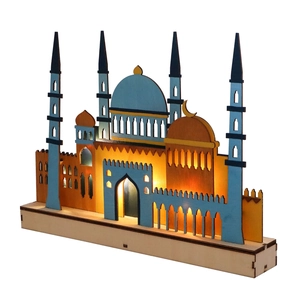 Detailed view of carved wooden Islamic mosque LED lamp with warm yellow light glow