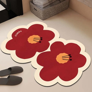 Artistic oil painting style flower shaped bath mat with red petals and non-slip backing