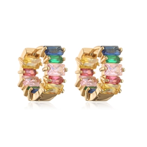 Elegant gold hoop earrings featuring multi-color rectangular zircon stones on white background