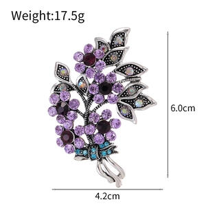 Crystal bouquet leaf brooch with purple rhinestones and blue bow, size 6.0x4.2cm