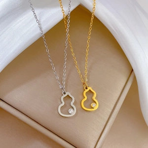 Minimalist Hollow Calabash Pendant Necklace Titanium Steel Zircon Inlaid Gold Plated Clavicle Chain For Women