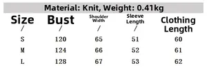 Detailed size chart for women's knit sweater with bust, shoulder, and sleeve measurements