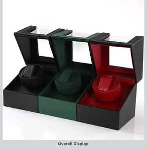 Detail showing three automatic watch winders in black, green and red interior finishes