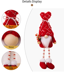 Detail view of plush Valentine gnome featuring sequin bow and pearl beaded legs