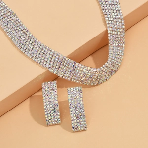 Sparkling bridal jewelry set with wide rhinestone choker and rectangle earrings