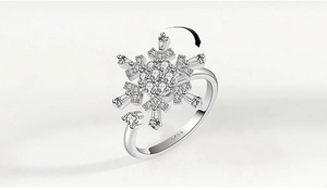 Close-up of rotatable silver snowflake ring with S925 hallmark and sparkling crystals