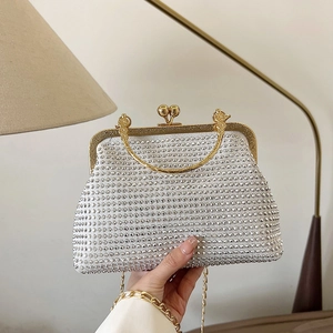 Elegant silver rhinestone clutch evening bag with golden chain strap for women