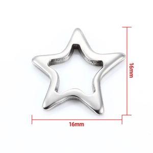 Polished silver stainless steel star pendant with hollow center measuring 16mm x 16mm
