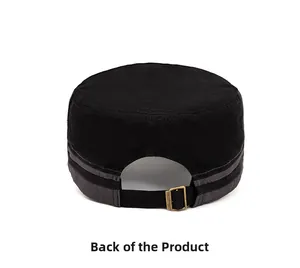 Detailed back view of a black cadet cap showing adjustable metal buckle and stitching