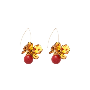 Retro leopard print flower earrings with red pearl drop and gold hooks for women