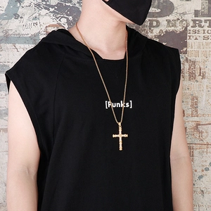 Hip hop style gold cross pendant with diamonds on a stainless steel chain for men
