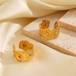 Stainless Steel Flower Ring For Women Trendy Open Adjustable Multi-color Rhinestone Floral Carving Retro Finger Jewelry