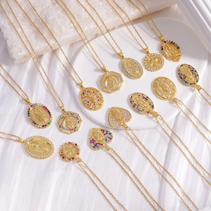 Virgin Mary Pendant Necklace Gold Plated Copper Colorful Cubic Zirconia Religious Jewelry For Women