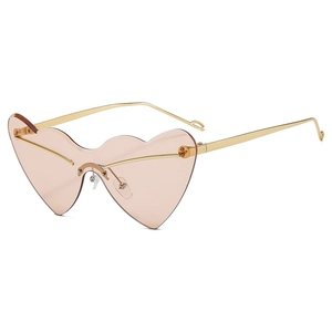 Fashion rimless heart-shaped sunglasses with pink lenses and gold metal frame