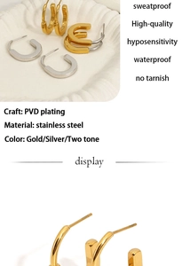 Detailed specs of waterproof PVD gold and silver stainless steel U-shape earrings