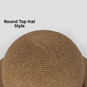 Close-up of elegant brown straw hat showing detailed spiral woven texture and round top design