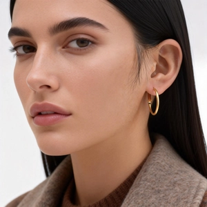 Close-up of elegant gold hoop earrings worn by a model for a chic fashion look