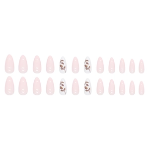 Set di 24 unghie finte a mandorla lunghe rosa con eleganti motivi a foglia dorata
