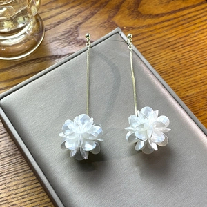 Detail view of elegant white shell flower earrings with long gold tassels on jewelry box
