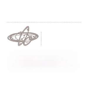 Detailed view of planetary brooch with knotted zircon rings and a white pearl accent